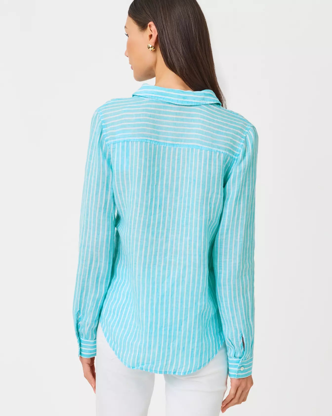 Vertical Stripe Linen Blend Relaxed Fit Long Sleeve Button Down Blouse