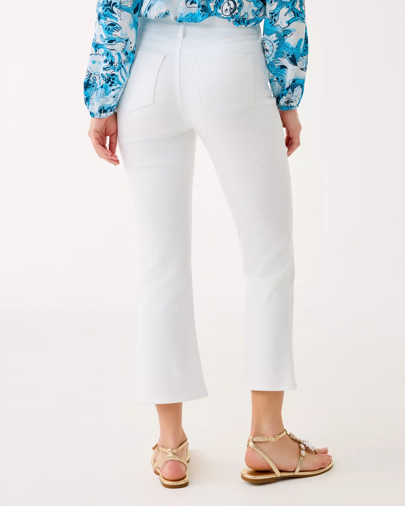 High Rise Stretch Denim Cropped Flare White Jeans