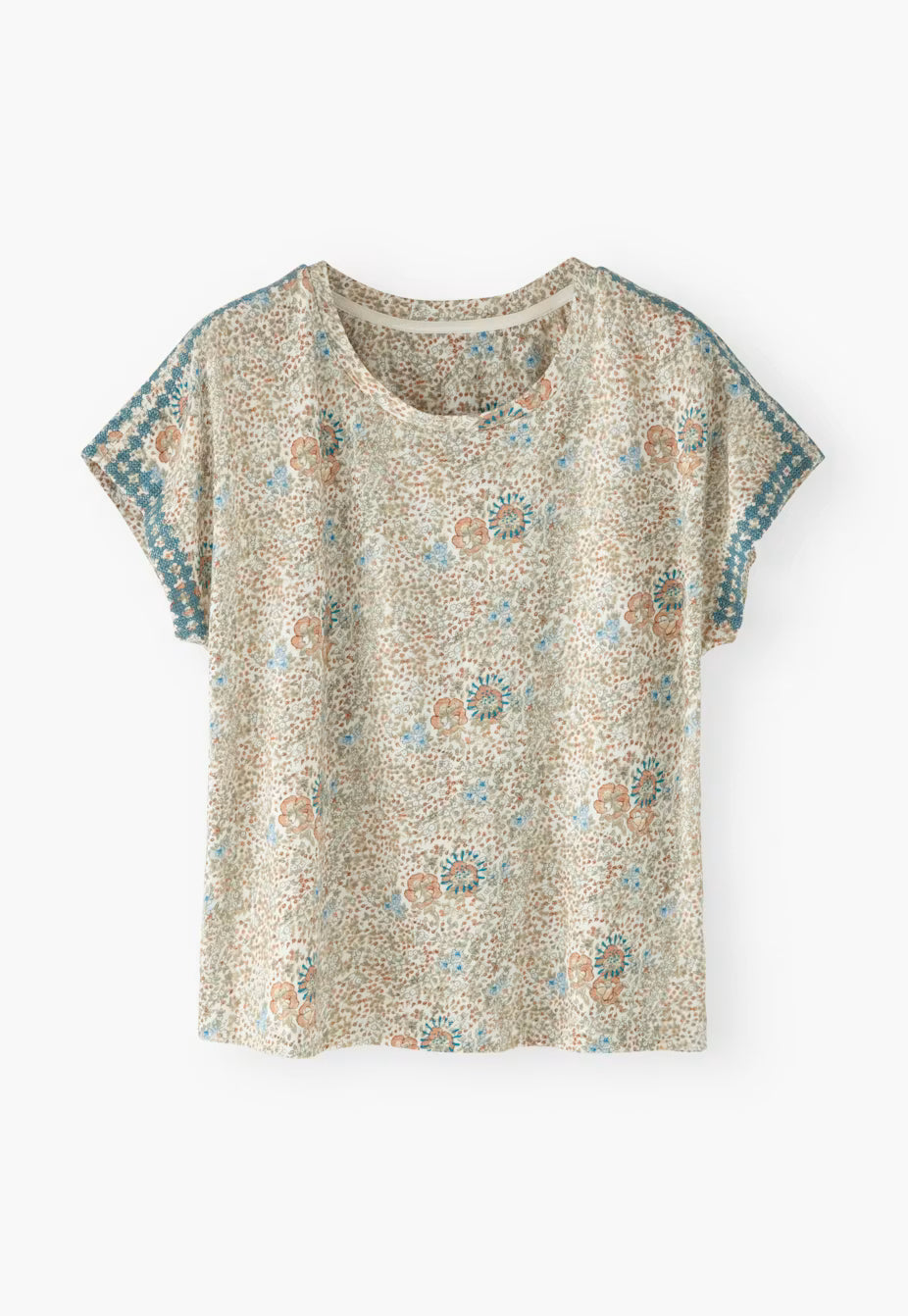 Floral Print Geometric Stitch Drop Shoulder Cotton Slub Jersey Top
