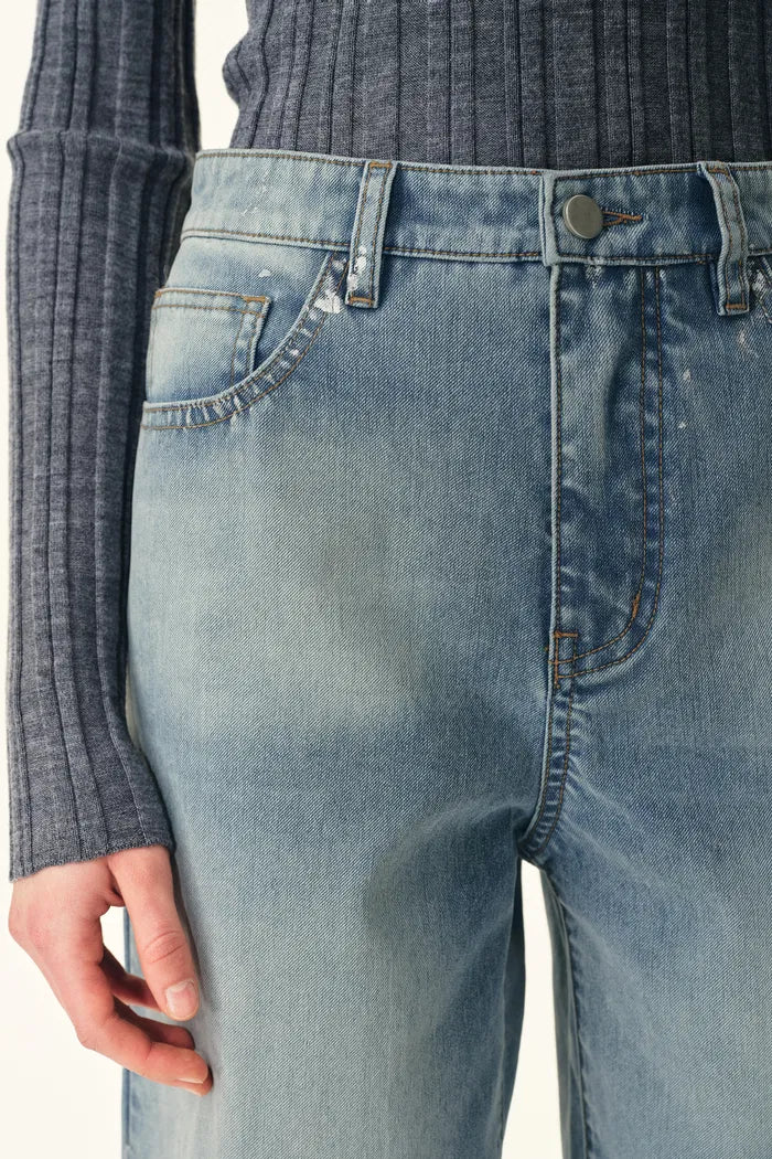 Light Wash Floral Burnout Mesh Hem Wide Leg Jeans