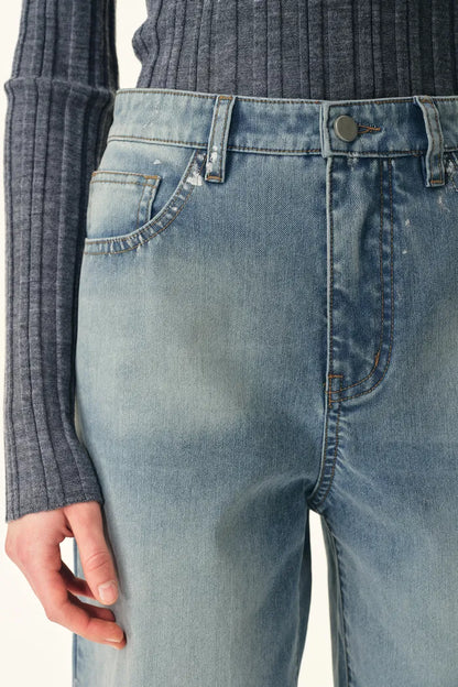 Light Wash Floral Burnout Mesh Hem Wide Leg Jeans