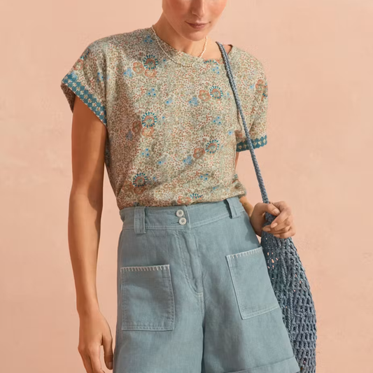 Floral Print Geometric Stitch Drop Shoulder Cotton Slub Jersey Top