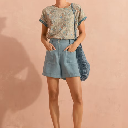 Floral Print Geometric Stitch Drop Shoulder Cotton Slub Jersey Top