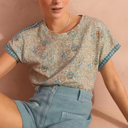 Floral Print Geometric Stitch Drop Shoulder Cotton Slub Jersey Top
