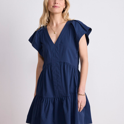 V-Neck Flutter Sleeve Tiered A-Line Seersucker Mini Dress