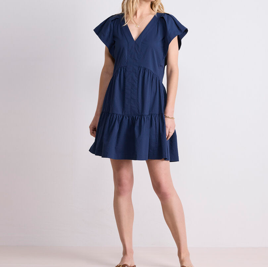 V-Neck Flutter Sleeve Tiered A-Line Seersucker Mini Dress