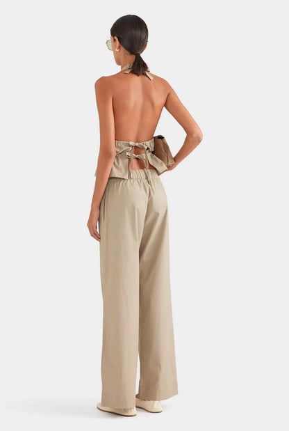 Deep V Halter Gathered Peplum Cotton Poplin Sleeveless Top