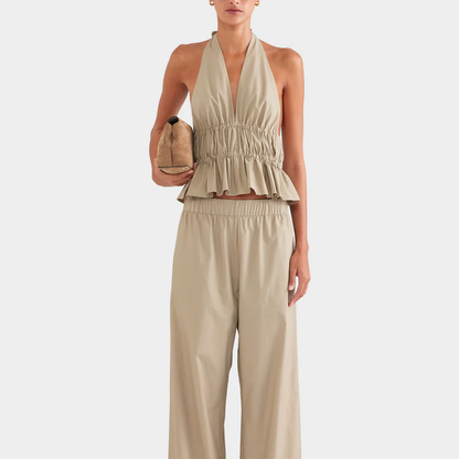 Deep V Halter Gathered Peplum Cotton Poplin Sleeveless Top
