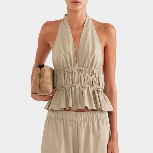 Deep V Halter Gathered Peplum Cotton Poplin Sleeveless Top