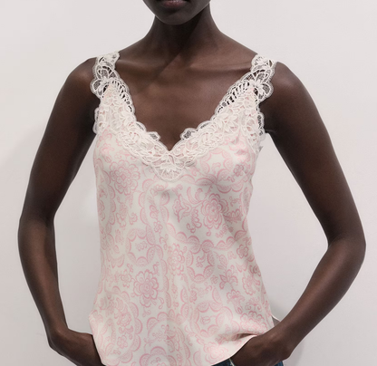 Lace Trim V Neck Pink Paisley Print Satin Cami Tank Top