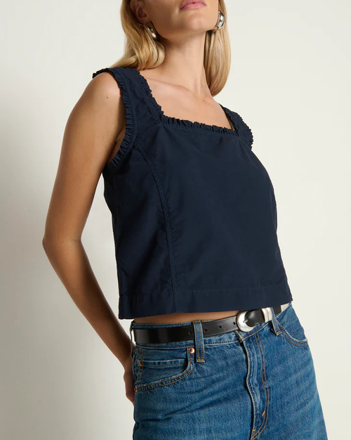 Ruffle Trim Square Neck Boxy Cropped Cotton Poplin Tank Top