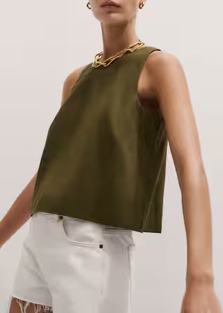 Cropped Linen Viscose Blend Sleeveless Back Zip Tank Top