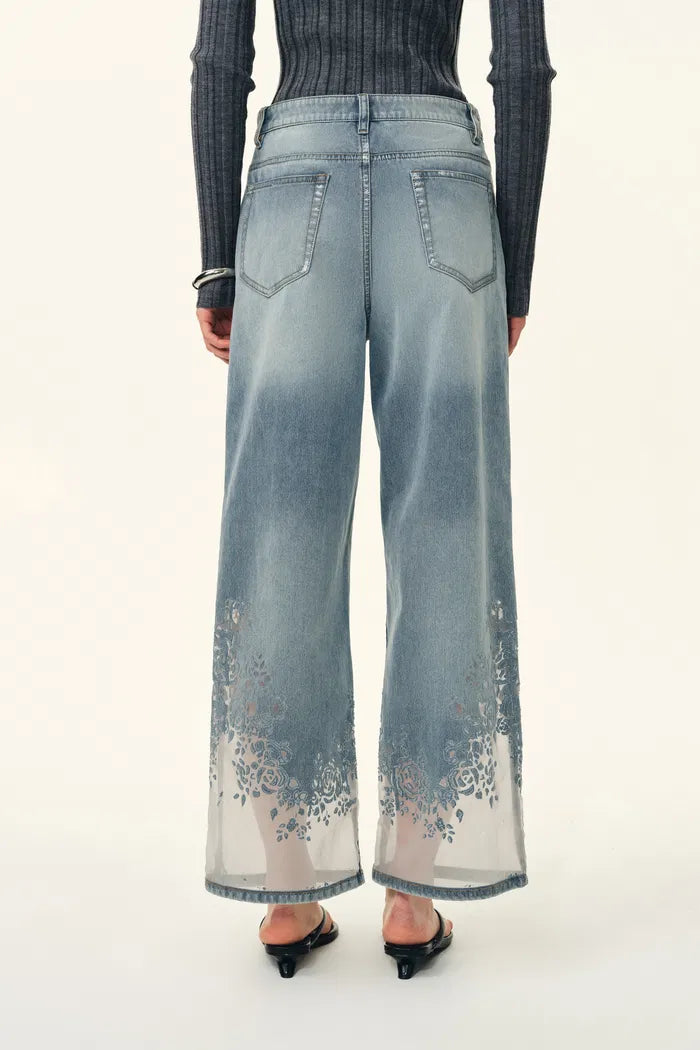 Light Wash Floral Burnout Mesh Hem Wide Leg Jeans