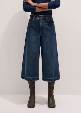 Mid Rise Cropped Wide Leg Culotte Denim Jeans