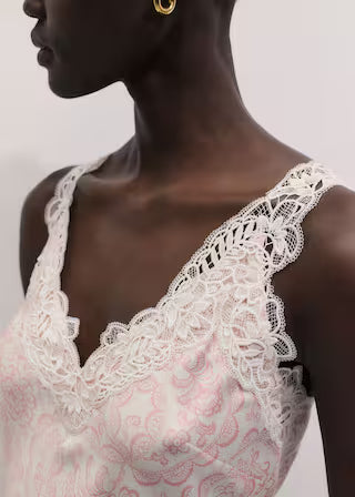 Lace Trim V Neck Pink Paisley Print Satin Cami Tank Top