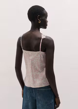 Lace Trim V Neck Pink Paisley Print Satin Cami Tank Top