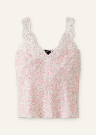 Lace Trim V Neck Pink Paisley Print Satin Cami Tank Top