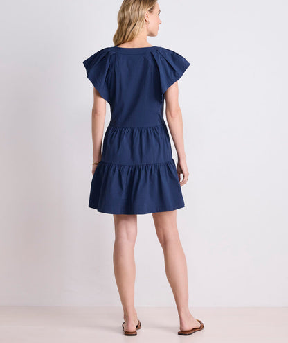 V-Neck Flutter Sleeve Tiered A-Line Seersucker Mini Dress