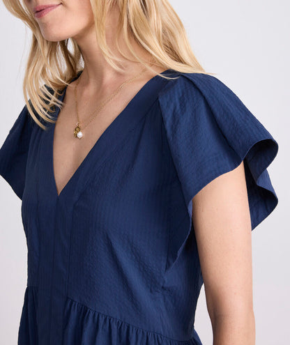 V-Neck Flutter Sleeve Tiered A-Line Seersucker Mini Dress