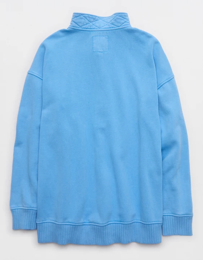Oversized Longer Length Snap Henley Collar Fleece Pullover Hoodie