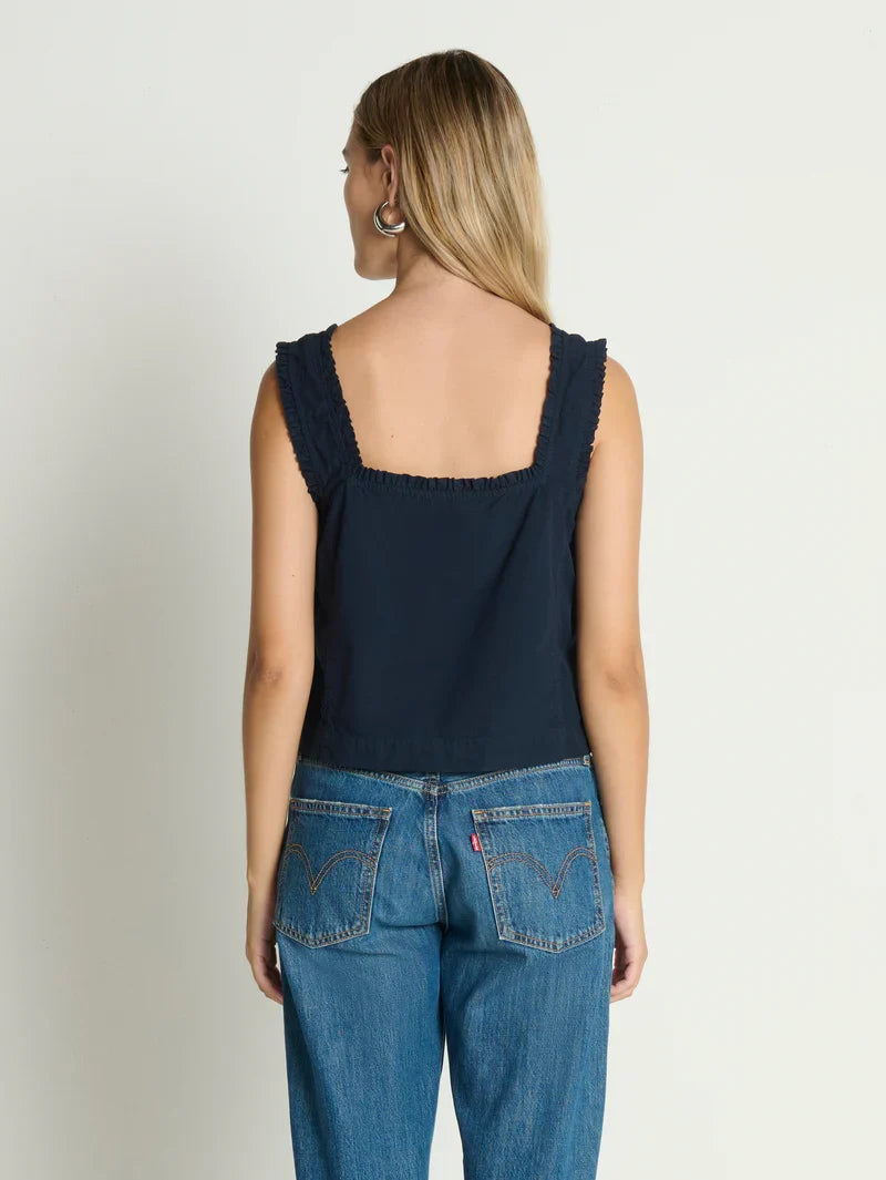 Ruffle Trim Square Neck Boxy Cropped Cotton Poplin Tank Top