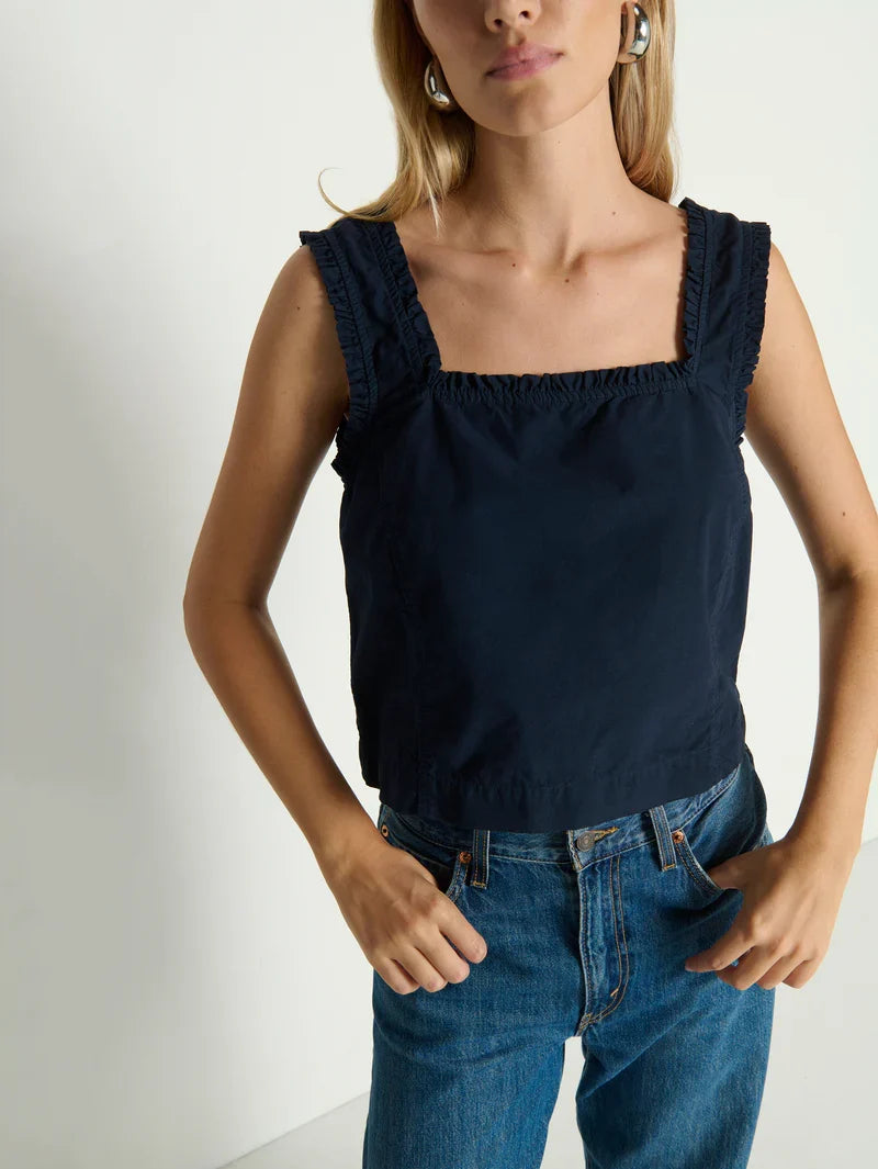 Ruffle Trim Square Neck Boxy Cropped Cotton Poplin Tank Top