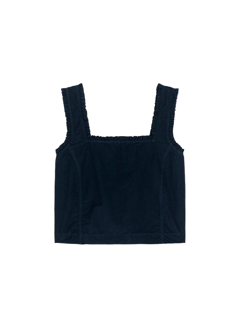 Ruffle Trim Square Neck Boxy Cropped Cotton Poplin Tank Top