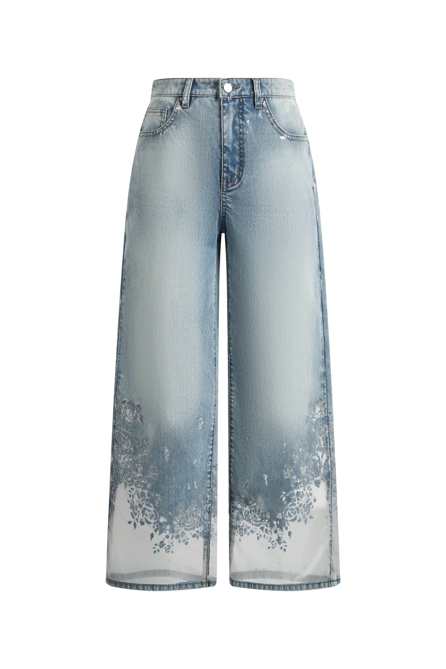 Light Wash Floral Burnout Mesh Hem Wide Leg Jeans