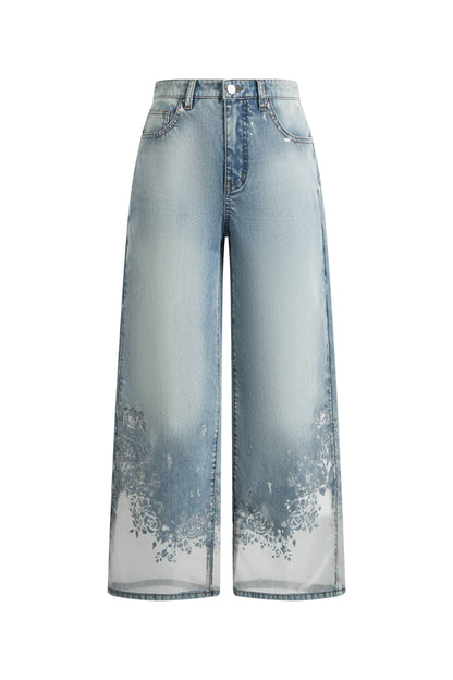 Light Wash Floral Burnout Mesh Hem Wide Leg Jeans
