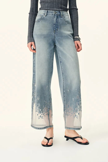 Light Wash Floral Burnout Mesh Hem Wide Leg Jeans