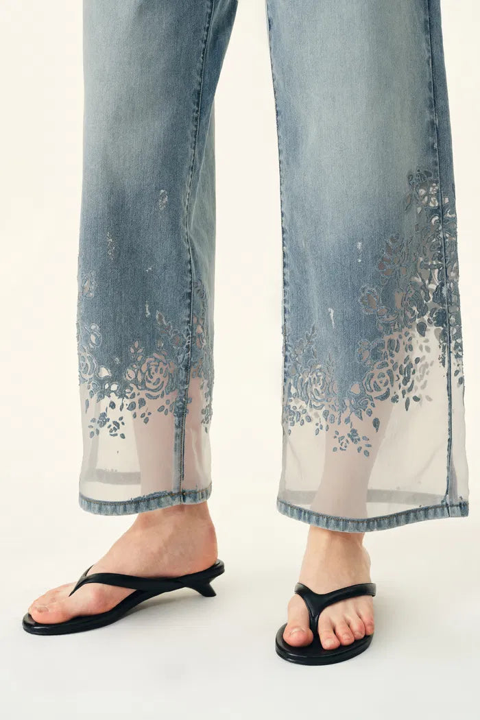 Light Wash Floral Burnout Mesh Hem Wide Leg Jeans